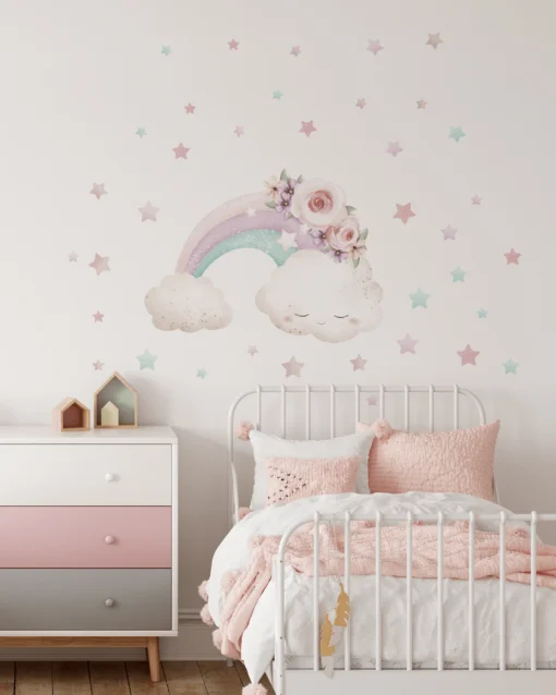Simulare foto perete decorat cu autocolant cu nor, curcubeu pentru camera de fetite
