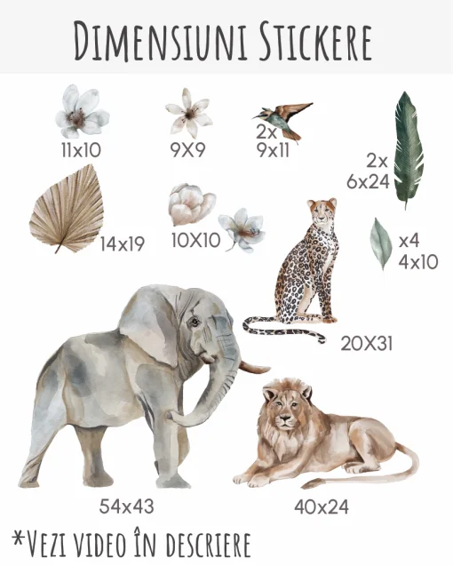 Dimensiune stickere savana cu leu, jaguar, elefant