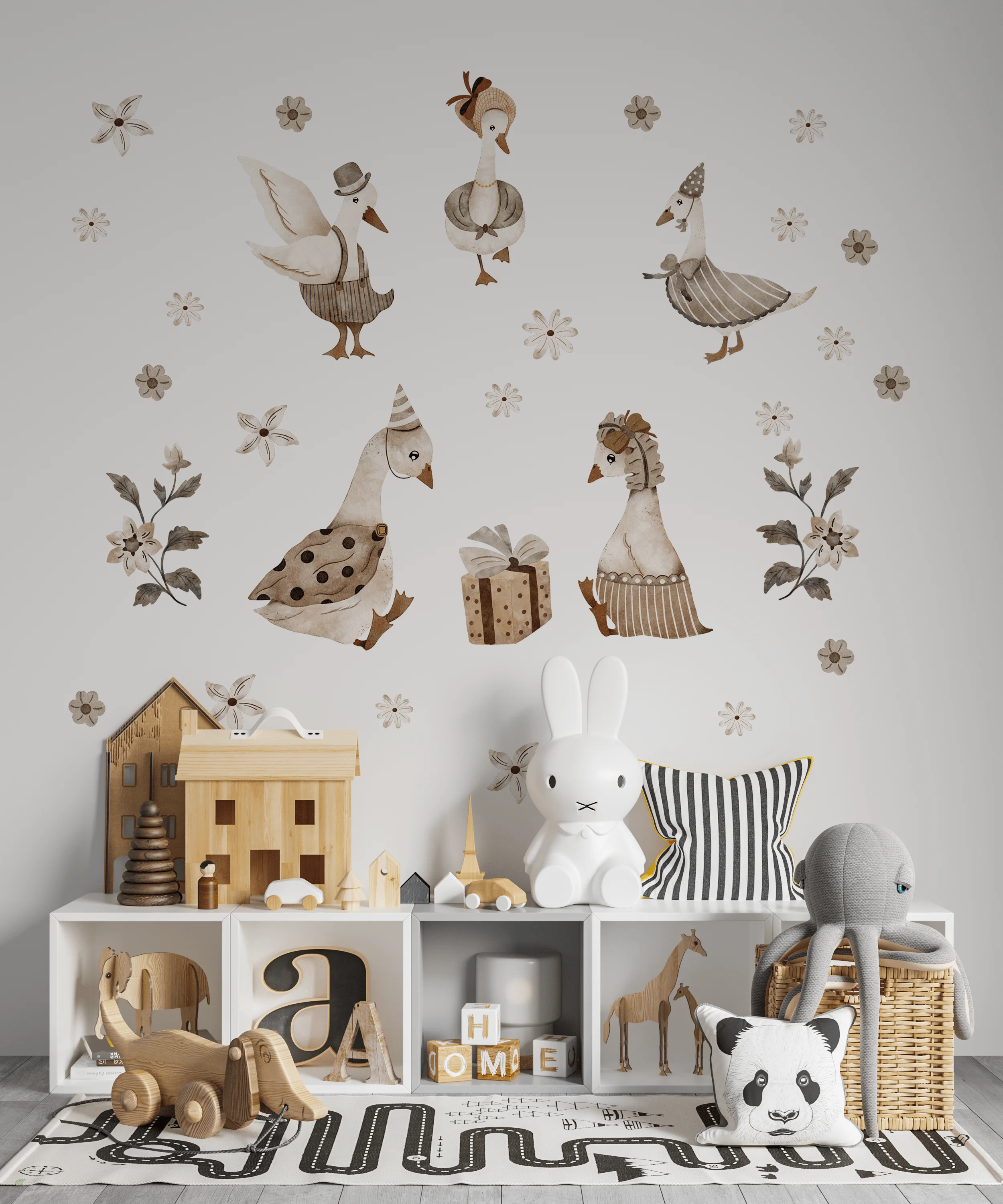 Decor pentru copii realizat cu autocolant perete cu gaste, pictate in acuarela