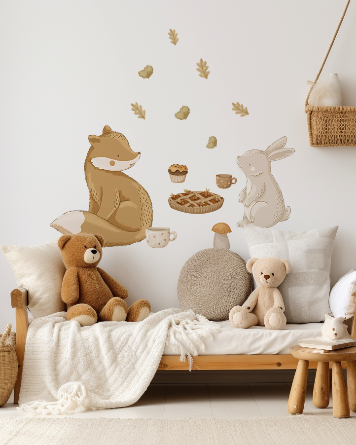 Sticker textil pentru camera copiilor cu animalele padurii iepuras si vulpe
